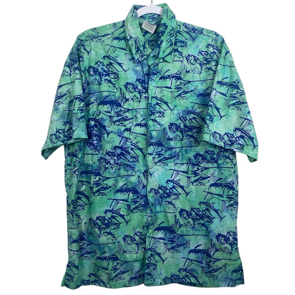 Rum Reggae Hawaiian Fish Print Button Up Shirt Mens L Tropical Fishing Camp